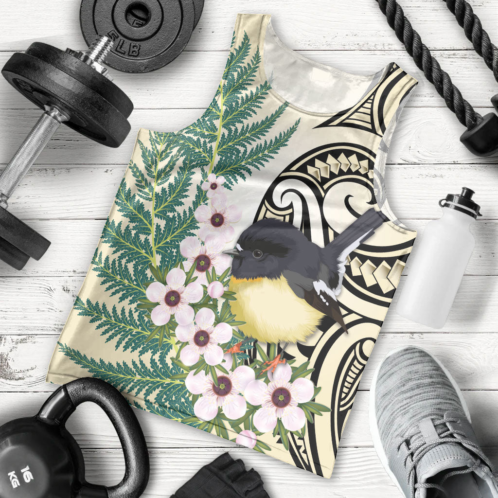 Endemic Tomtit New Zealand Men Tank Top Miromiro Manuka Silver Fern Maori Pattern