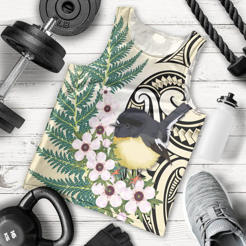Endemic Tomtit New Zealand Men Tank Top Miromiro Manuka Silver Fern Maori Pattern