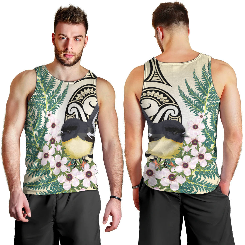 Endemic Tomtit New Zealand Men Tank Top Miromiro Manuka Silver Fern Maori Pattern
