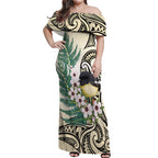 Endemic Tomtit New Zealand Off Shoulder Maxi Dress Miromiro Manuka Silver Fern Maori Pattern