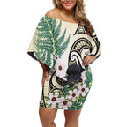 Endemic Tomtit New Zealand Off Shoulder Short Dress Miromiro Manuka Silver Fern Maori Pattern
