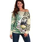 Endemic Tomtit New Zealand Off Shoulder Sweater Miromiro Manuka Silver Fern Maori Pattern