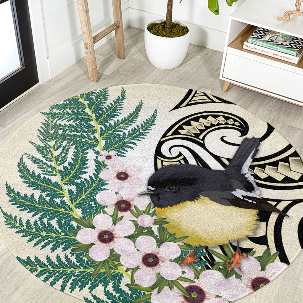 Endemic Tomtit New Zealand Round Carpet Miromiro Manuka Silver Fern Maori Pattern