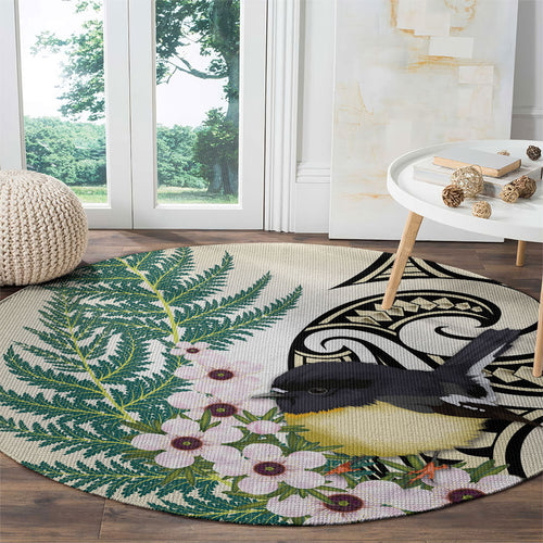 Endemic Tomtit New Zealand Round Carpet Miromiro Manuka Silver Fern Maori Pattern