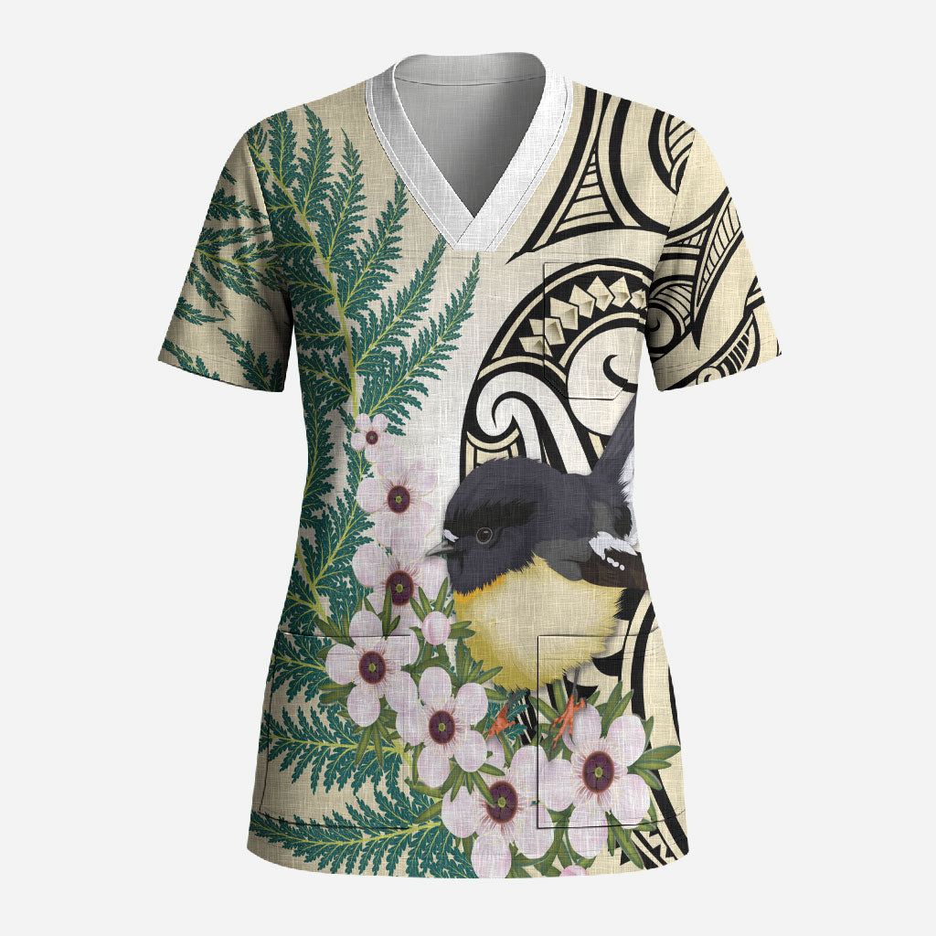 Endemic Tomtit New Zealand Scrub Top Miromiro Manuka Silver Fern Maori Pattern
