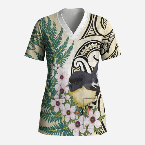 Endemic Tomtit New Zealand Scrub Top Miromiro Manuka Silver Fern Maori Pattern