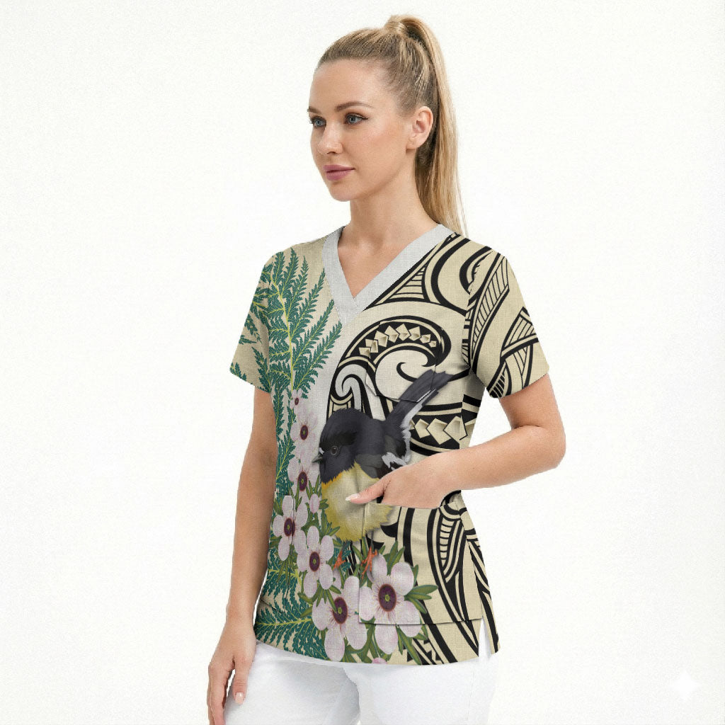 Endemic Tomtit New Zealand Scrub Top Miromiro Manuka Silver Fern Maori Pattern