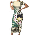 Endemic Tomtit New Zealand Short Sleeve Bodycon Dress Miromiro Manuka Silver Fern Maori Pattern