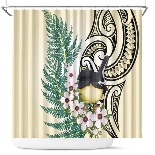 Endemic Tomtit New Zealand Shower Curtain Miromiro Manuka Silver Fern Maori Pattern