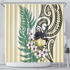 Endemic Tomtit New Zealand Shower Curtain Miromiro Manuka Silver Fern Maori Pattern