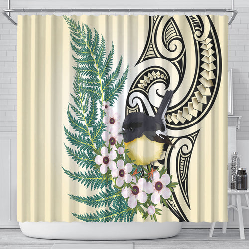 Endemic Tomtit New Zealand Shower Curtain Miromiro Manuka Silver Fern Maori Pattern