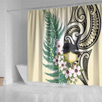 Endemic Tomtit New Zealand Shower Curtain Miromiro Manuka Silver Fern Maori Pattern