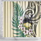 Endemic Tomtit New Zealand Shower Curtain Miromiro Manuka Silver Fern Maori Pattern