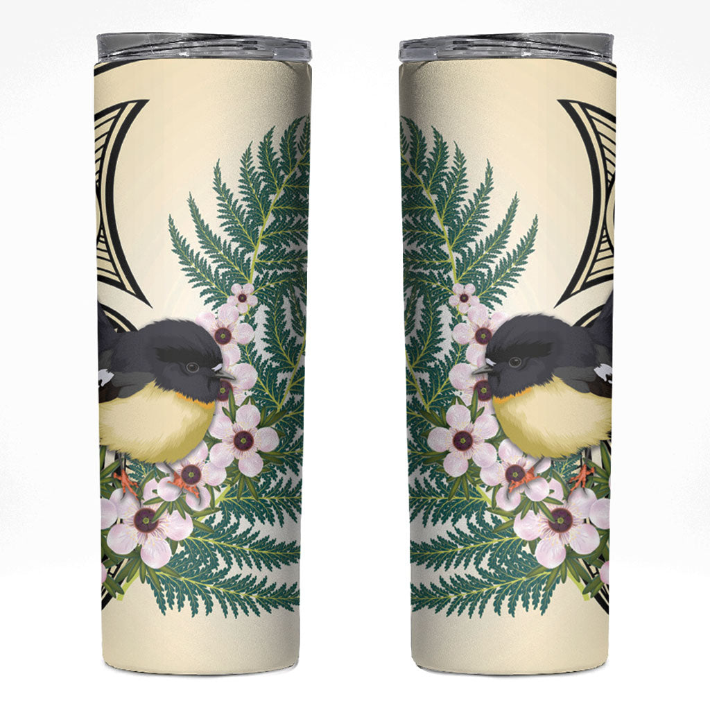 Endemic Tomtit New Zealand Skinny Tumbler Miromiro Manuka Silver Fern Maori Pattern