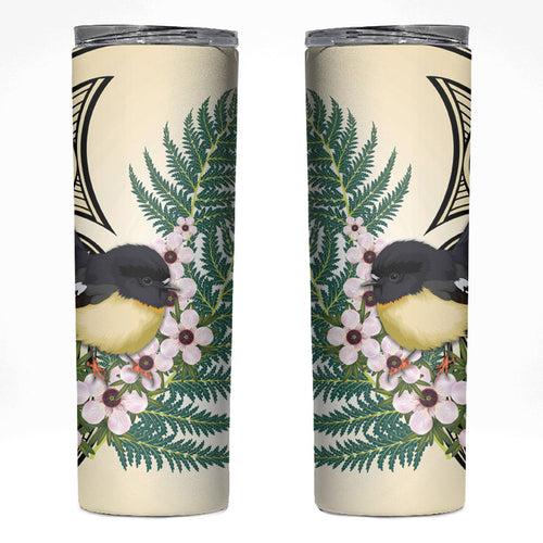 Endemic Tomtit New Zealand Skinny Tumbler Miromiro Manuka Silver Fern Maori Pattern