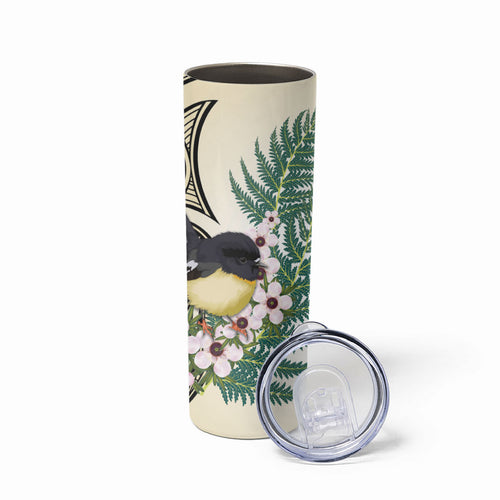 Endemic Tomtit New Zealand Skinny Tumbler Miromiro Manuka Silver Fern Maori Pattern