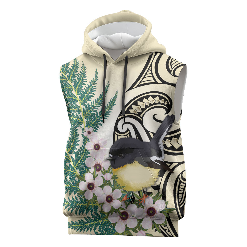 Endemic Tomtit New Zealand Sleeveless Hoodie Miromiro Manuka Silver Fern Maori Pattern