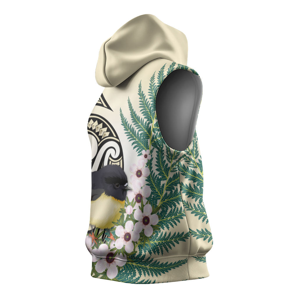 Endemic Tomtit New Zealand Sleeveless Hoodie Miromiro Manuka Silver Fern Maori Pattern