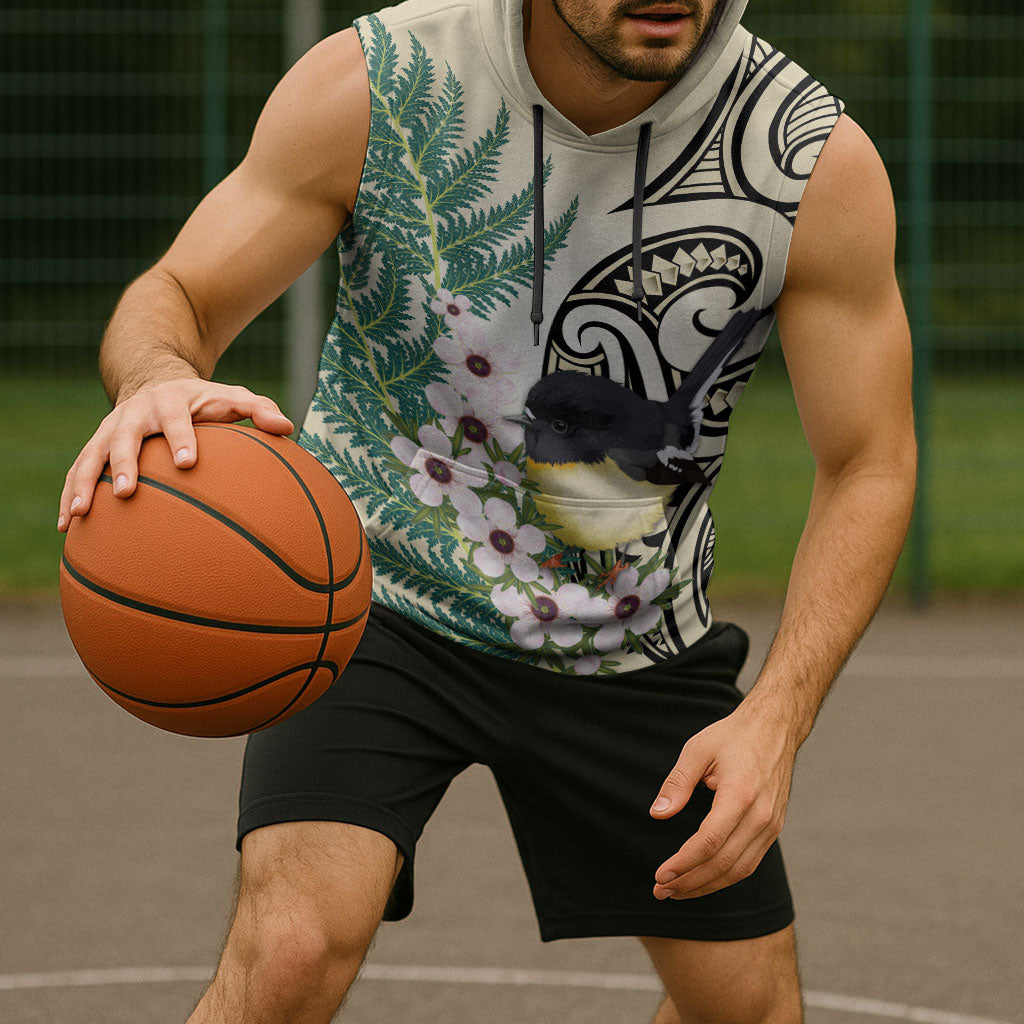 Endemic Tomtit New Zealand Sleeveless Hoodie Miromiro Manuka Silver Fern Maori Pattern