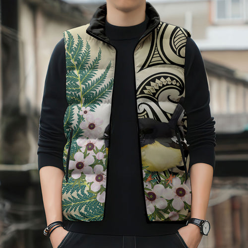 Endemic Tomtit New Zealand Sleeveless Puffer Jacket Miromiro Manuka Silver Fern Maori Pattern