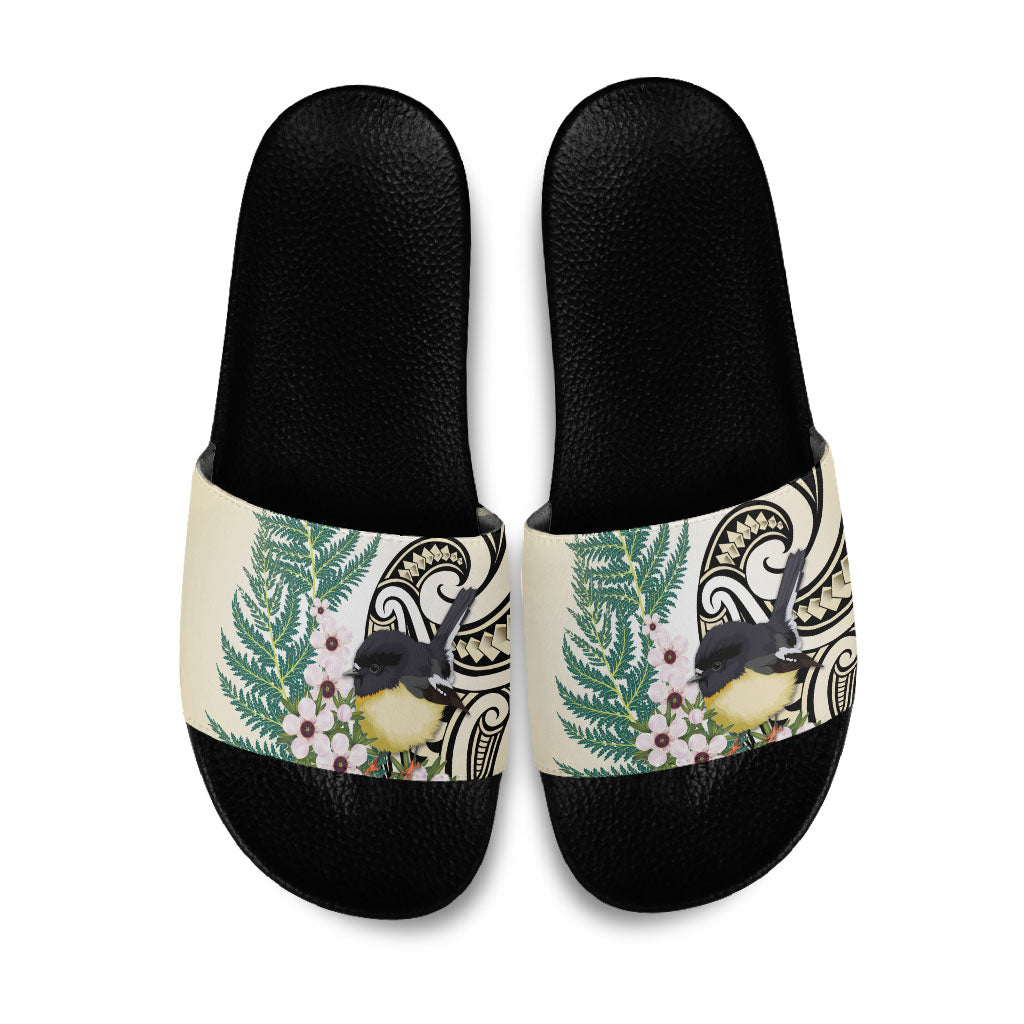 Endemic Tomtit New Zealand Slide Sandals Miromiro Manuka Silver Fern Maori Pattern