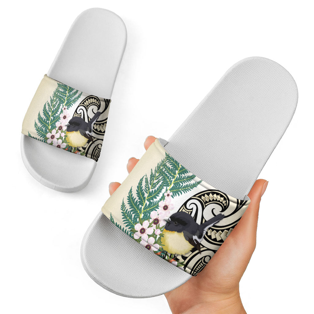 Endemic Tomtit New Zealand Slide Sandals Miromiro Manuka Silver Fern Maori Pattern
