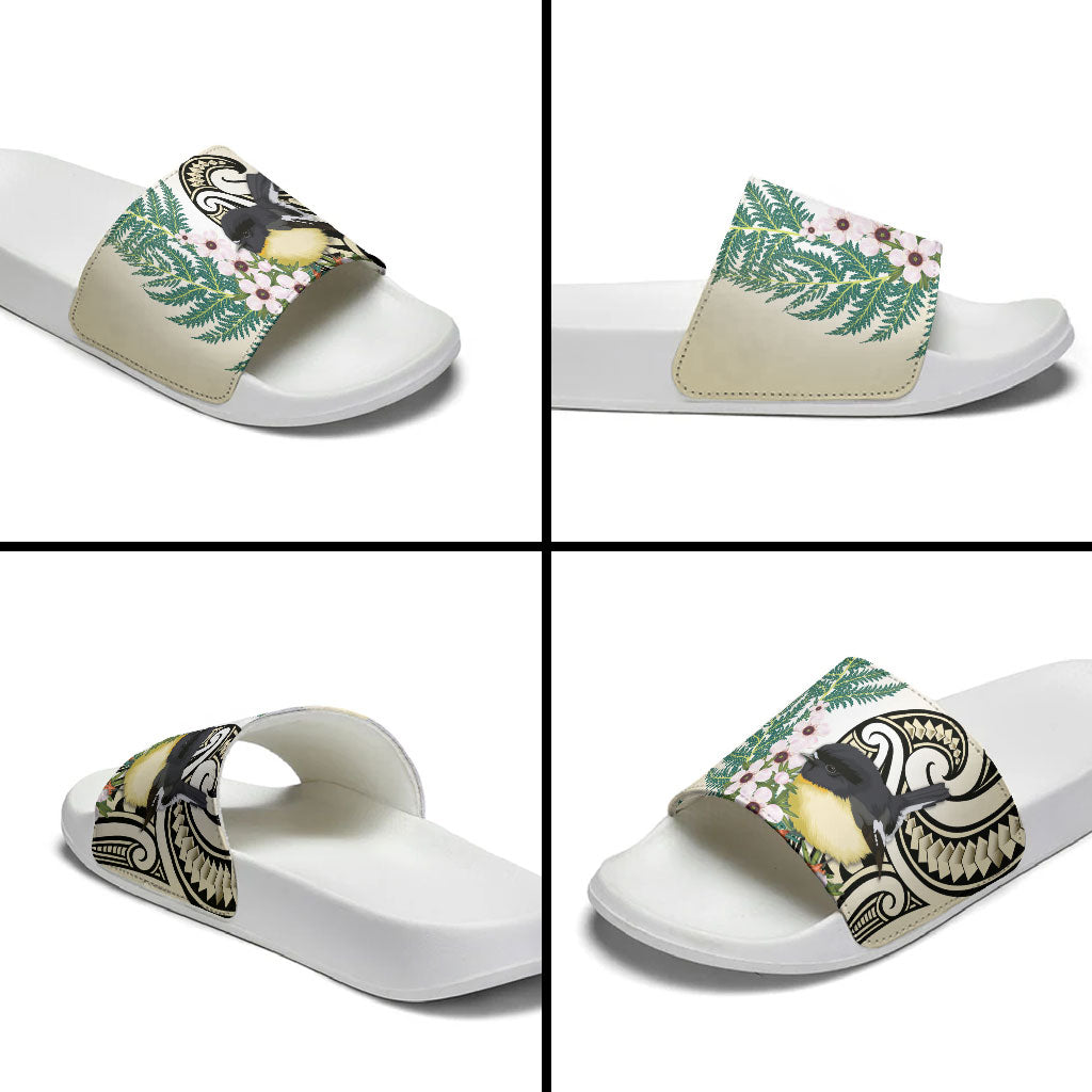 Endemic Tomtit New Zealand Slide Sandals Miromiro Manuka Silver Fern Maori Pattern