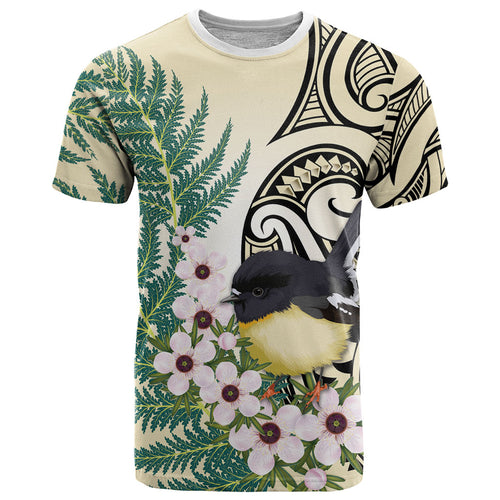 Endemic Tomtit New Zealand T Shirt Miromiro Manuka Silver Fern Maori Pattern