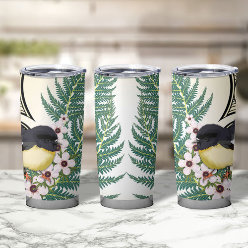 Endemic Tomtit New Zealand Tumbler Cup Miromiro Manuka Silver Fern Maori Pattern