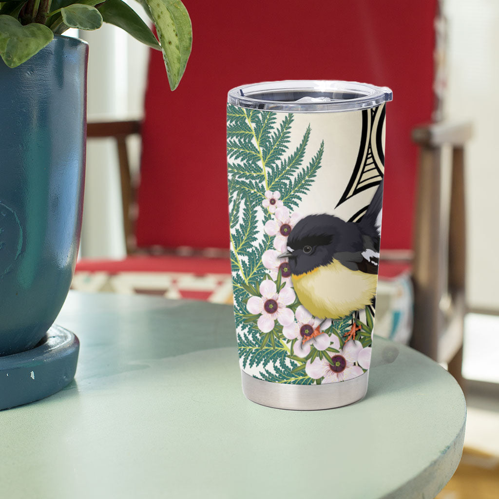 Endemic Tomtit New Zealand Tumbler Cup Miromiro Manuka Silver Fern Maori Pattern