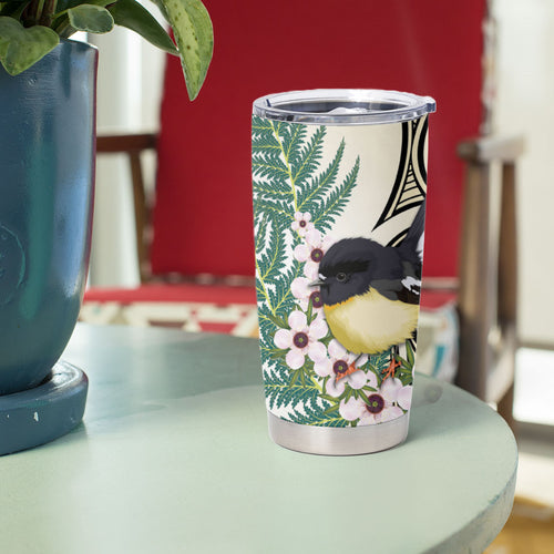 Endemic Tomtit New Zealand Tumbler Cup Miromiro Manuka Silver Fern Maori Pattern