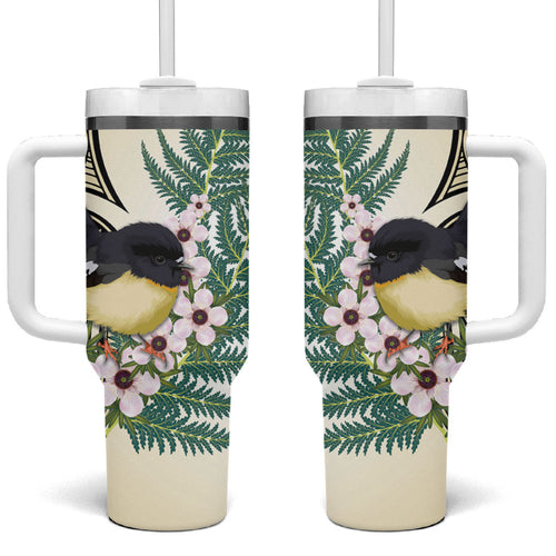 Endemic Tomtit New Zealand Tumbler With Handle Miromiro Manuka Silver Fern Maori Pattern
