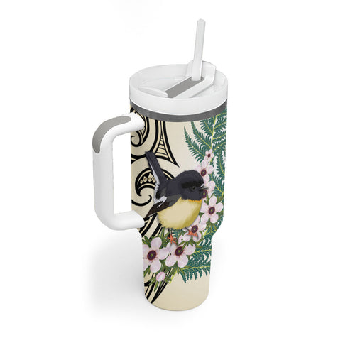 Endemic Tomtit New Zealand Tumbler With Handle Miromiro Manuka Silver Fern Maori Pattern
