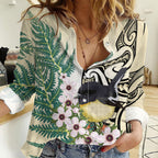 Endemic Tomtit New Zealand Women Casual Shirt Miromiro Manuka Silver Fern Maori Pattern