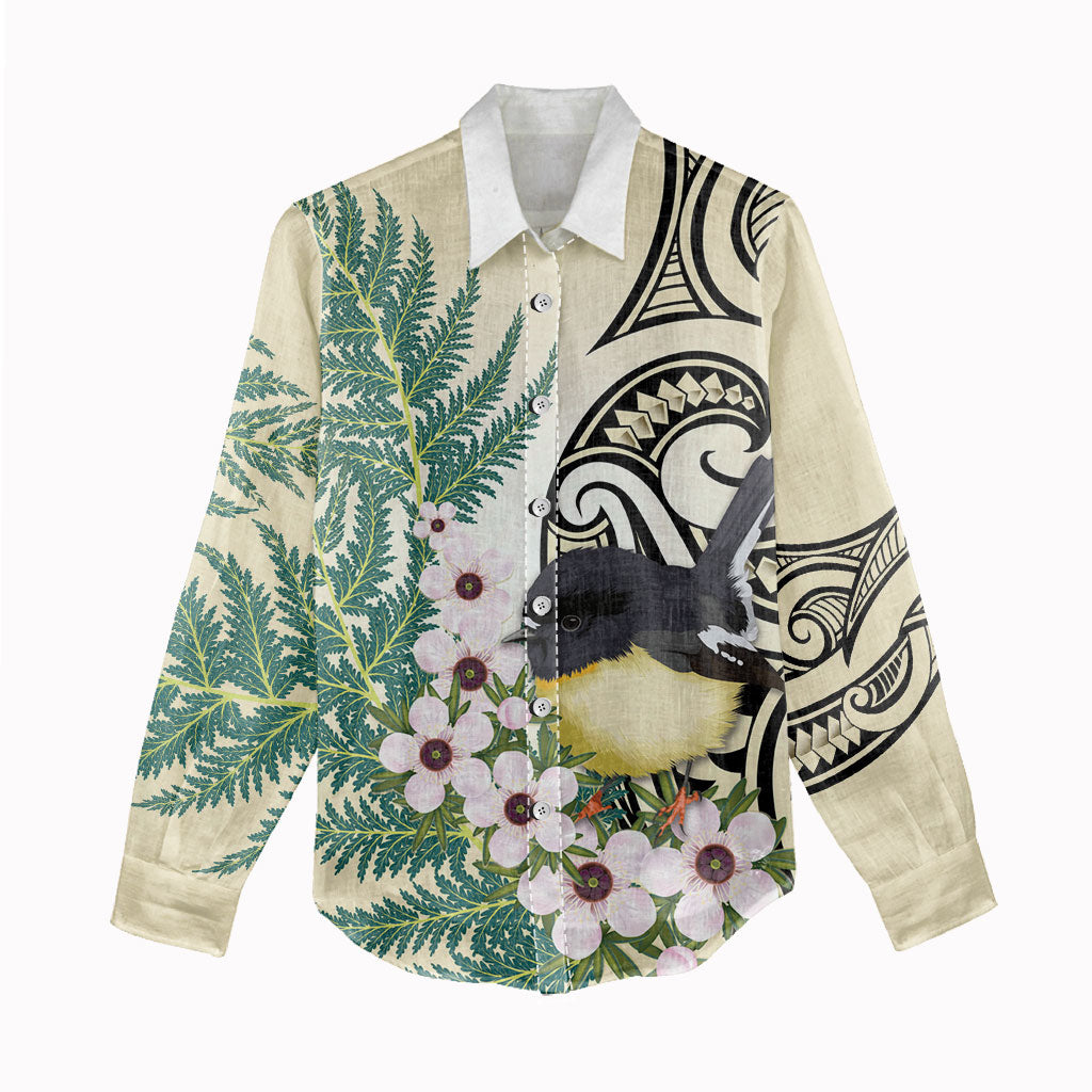 Endemic Tomtit New Zealand Women Casual Shirt Miromiro Manuka Silver Fern Maori Pattern