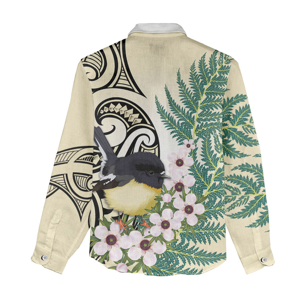 Endemic Tomtit New Zealand Women Casual Shirt Miromiro Manuka Silver Fern Maori Pattern