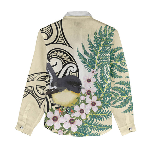 Endemic Tomtit New Zealand Women Casual Shirt Miromiro Manuka Silver Fern Maori Pattern
