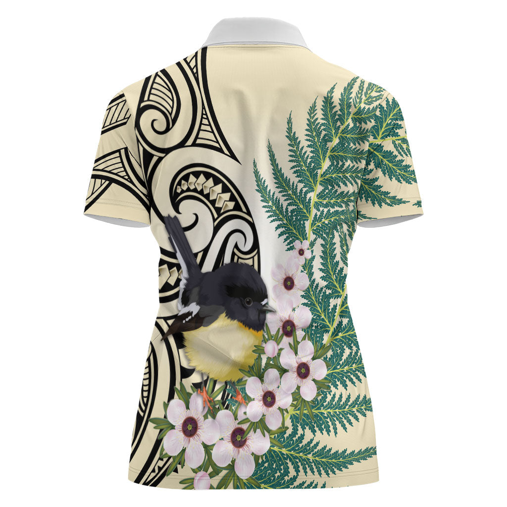 Endemic Tomtit New Zealand Women Polo Shirt Miromiro Manuka Silver Fern Maori Pattern
