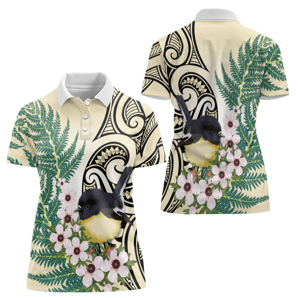 Endemic Tomtit New Zealand Women Polo Shirt Miromiro Manuka Silver Fern Maori Pattern