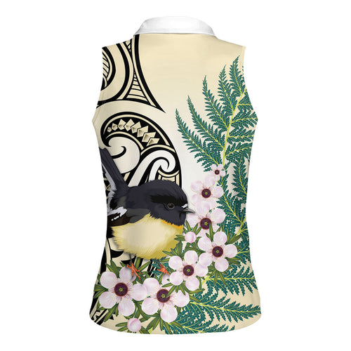Endemic Tomtit New Zealand Women Sleeveless Polo Shirt Miromiro Manuka Silver Fern Maori Pattern