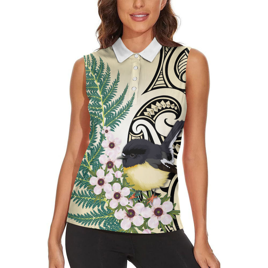Endemic Tomtit New Zealand Women Sleeveless Polo Shirt Miromiro Manuka Silver Fern Maori Pattern