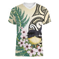 Endemic Tomtit New Zealand Women V-Neck T-Shirt Miromiro Manuka Silver Fern Maori Pattern