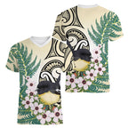 Endemic Tomtit New Zealand Women V-Neck T-Shirt Miromiro Manuka Silver Fern Maori Pattern