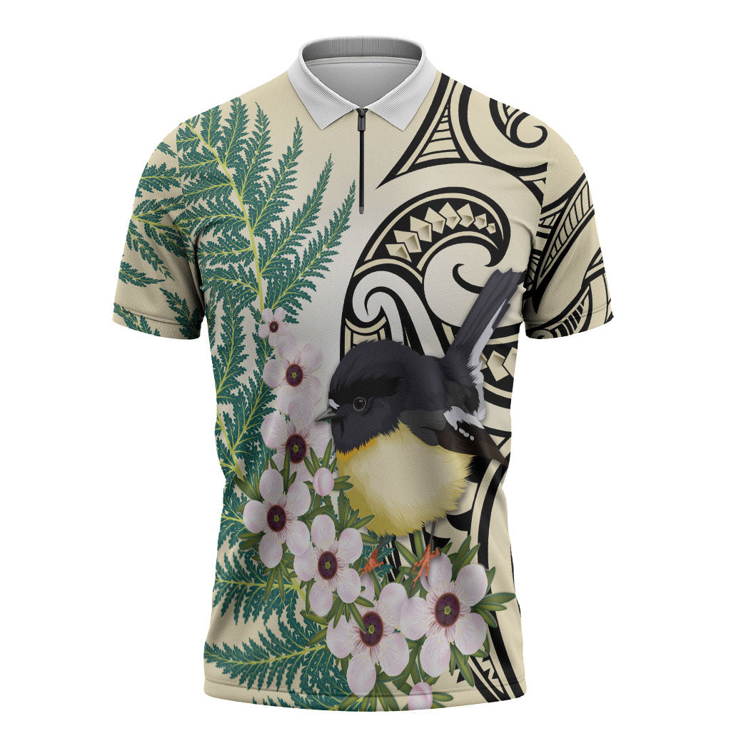 Endemic Tomtit New Zealand Zipper Polo Shirt Miromiro Manuka Silver Fern Maori Pattern