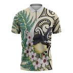 Endemic Tomtit New Zealand Zipper Polo Shirt Miromiro Manuka Silver Fern Maori Pattern