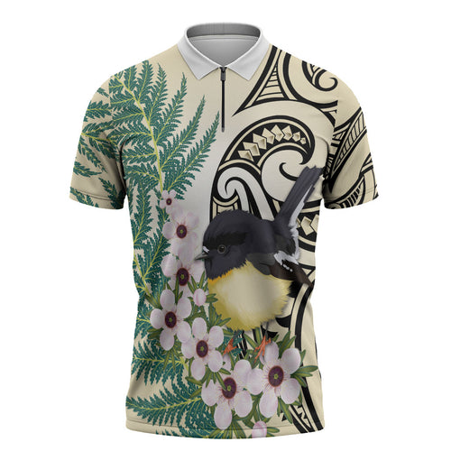 Endemic Tomtit New Zealand Zipper Polo Shirt Miromiro Manuka Silver Fern Maori Pattern