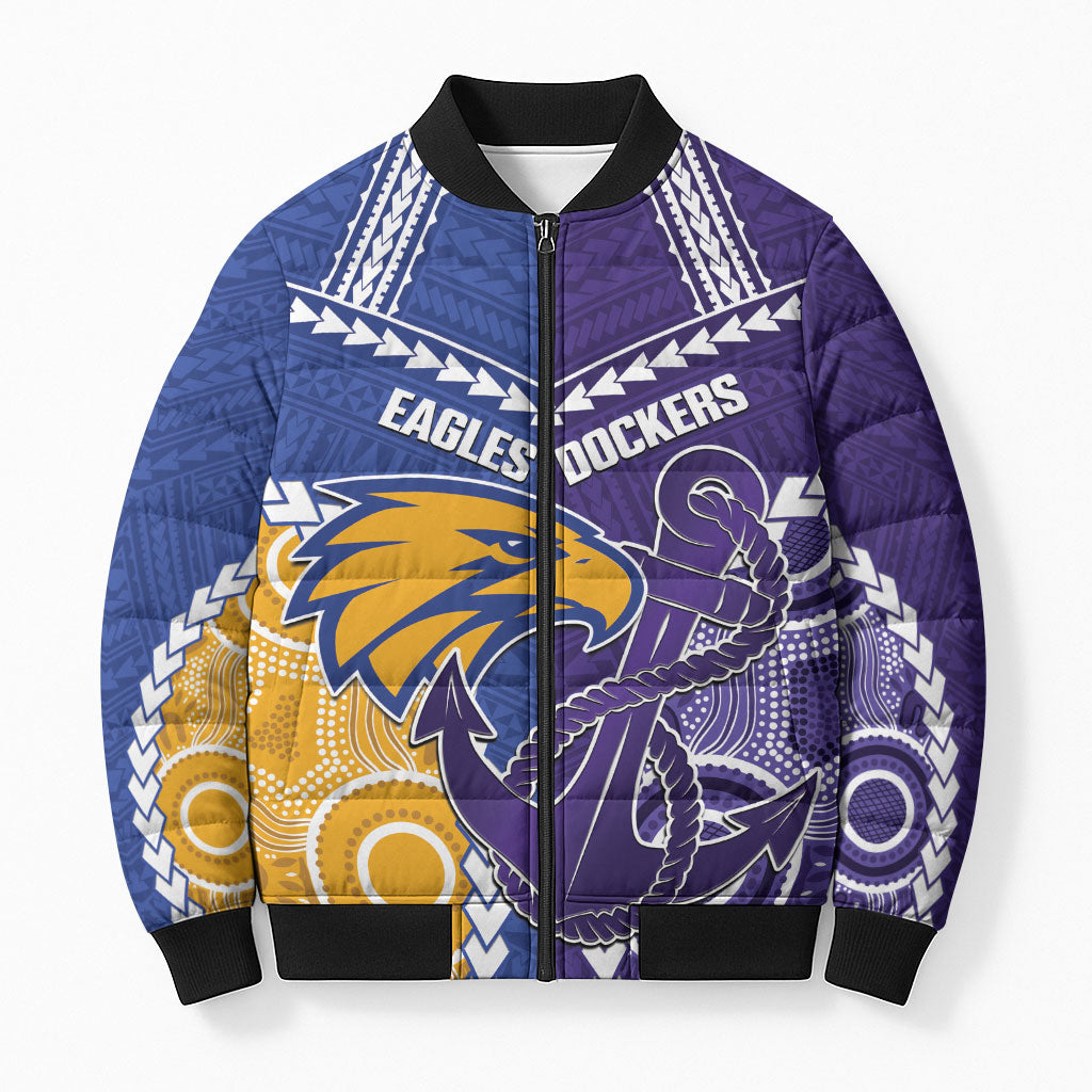 Custom Football Eagles and Dockers Bomber Puffer Jacket 2026 Together Aboriginal Polynesian Pattern