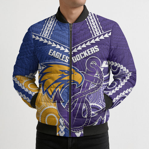 Custom Football Eagles and Dockers Bomber Puffer Jacket 2026 Together Aboriginal Polynesian Pattern