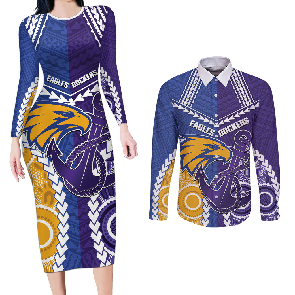 Custom Football Eagles and Dockers Couples Matching Long Sleeve Bodycon Dress and Long Sleeve Button Shirt 2026 Together Aboriginal Polynesian Pattern