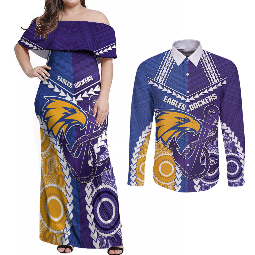 Custom Football Eagles and Dockers Couples Matching Off Shoulder Maxi Dress and Long Sleeve Button Shirt 2026 Together Aboriginal Polynesian Pattern